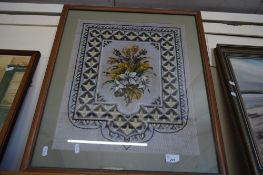 FRAMED VICTORIAN BEAD AND NEEDLEWORK PANEL DECORATED WITH FLOWERS, F/G