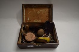 19TH CENTURY ROSEWOOD BOX CONTAINING VARIOUS ITEMS TO INCLUDE SMALL ROMAN STYLE OIL LAMP, VINTAGE