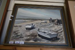 JASON PARTNER, STUDY 'A QUIET DAY, BLAKENEY NORFOLK', OIL ON BOARD, FRAMED, 59CM WIDE