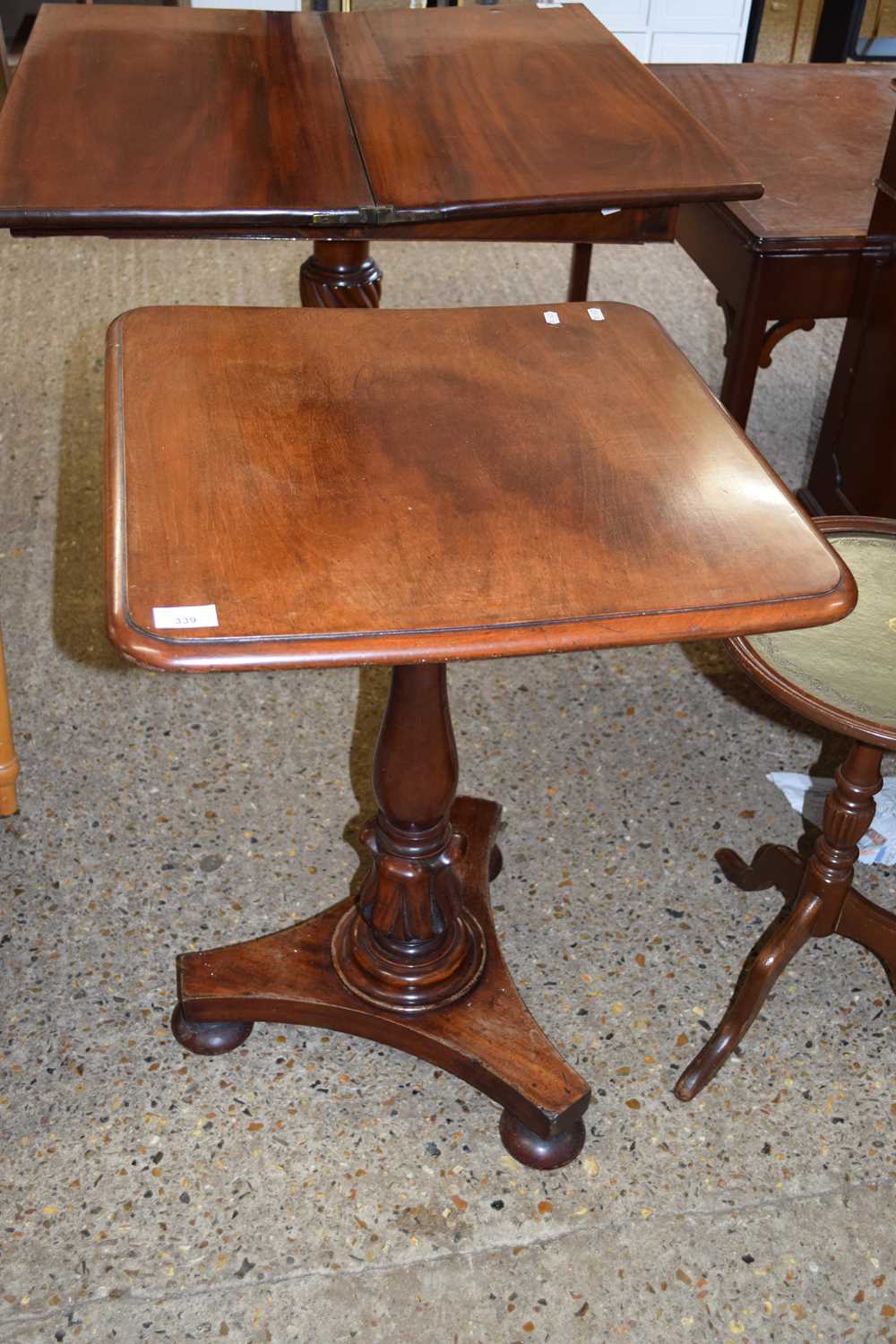 VICTORIAN MAHOGANY SIDE OR WINE TABLE WITH SQUARE TOP OVER A TURNED COLUMN AND THREE FOOTED BASE,