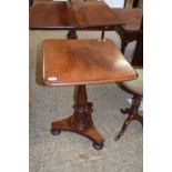 VICTORIAN MAHOGANY SIDE OR WINE TABLE WITH SQUARE TOP OVER A TURNED COLUMN AND THREE FOOTED BASE,