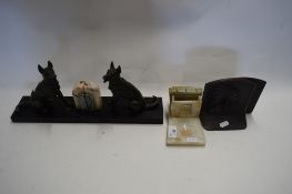 MIXED LOT COMPORISING PAIR OF EARLY 20TH CENTURY BOOKENDS DECORATED WITH METAL ALSATIAN MOUNTS