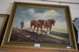 D COOPER, HEAVY HORSES PLOUGHING, OIL ON BOARD, GILT FRAMED