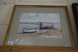 JOAN LONG, STUDY OF MOORED BOATS IN ESTUARY, WATERCOLOUR, F/G