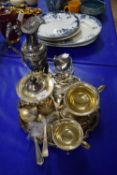 MIXED LOT : SILVER PLATED TEA SET, SILVER PLATED CLARET JUG, VARIOUS CUTLERY, SMALL QUANTITY