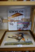 BOOKLET ON THE HISTORY OF AVIATION, PRINT OF A WWI FIGHTER PLANE IN WOODEN FRAME AND FURTHER BOOK ON