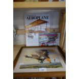 BOOKLET ON THE HISTORY OF AVIATION, PRINT OF A WWI FIGHTER PLANE IN WOODEN FRAME AND FURTHER BOOK ON