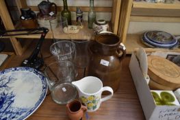 LARGE TWO-HANDLED CERAMIC JUG AND SOME GLASS WARE JUGS