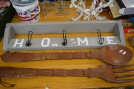 WOODEN COAT RACK AND TWO EXTRA LARGE WOODEN SALAD SERVERS