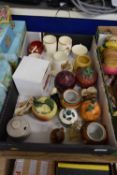 BOX CONTAINING QUANTITY OF CHINA WARES, COMMEMORATIVE MUGS, BEEHIVE HAM POTS AND COVERS, ETC