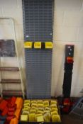 QUANTITY OF YELLOW PLASTIC WORKSHOP TIDY TRAYS AND METAL RACKING