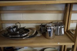 QUANTITY OF STAINLESS STEEL WARES, TEA SET, VARIOUS SERVING DISHES ETC