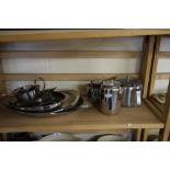 QUANTITY OF STAINLESS STEEL WARES, TEA SET, VARIOUS SERVING DISHES ETC