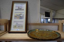 FRAMED GROUP OF PRINTS OF PALACES AND CHURCHES AND A LACQUER TRAY