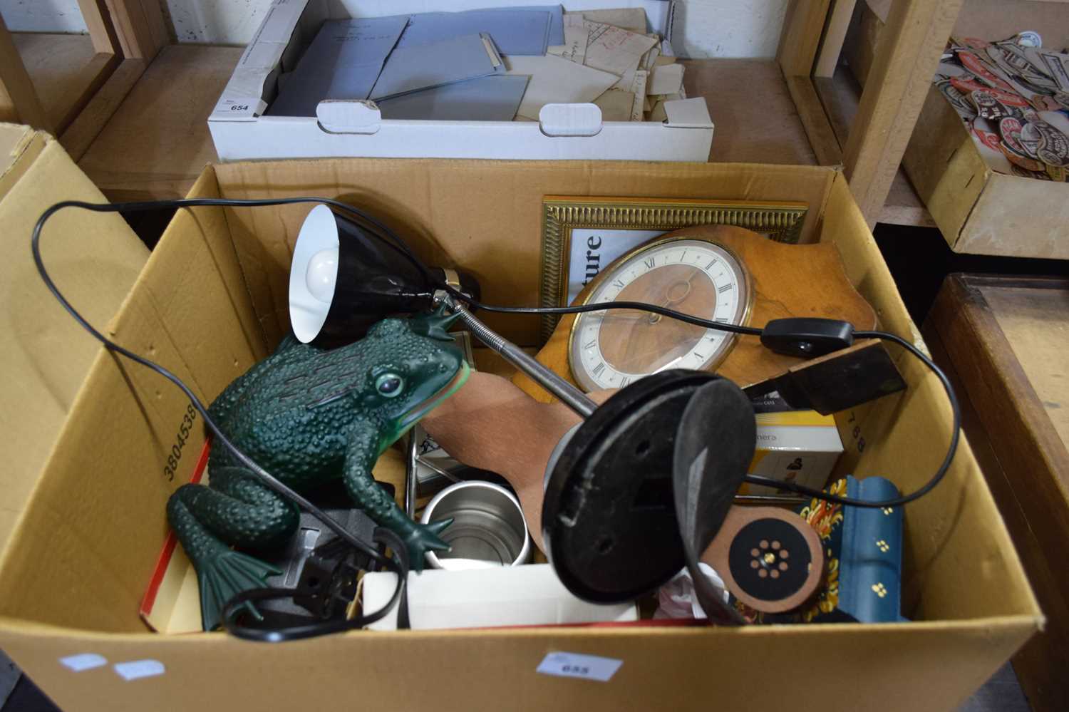 BOX CONTAINING A BEDSIDE LAMP, CLOCK, BAROMETER ETC
