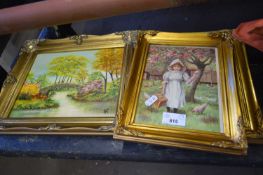 GROUP OF THREE FRAMED PRINTS, TWO OF CHILDREN, ONE OF A LAKESIDE SCENE