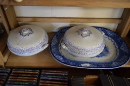 TWO 19TH CENTURY ENGLISH POTTERY CASSEROLE DISHES AND COVERS, TOGETHER WITH A DOULTON WATTEAU BLUE