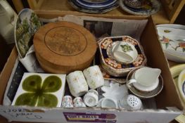 BOX CONTAINING QUANTITY OF CERAMIC TILES, PART TEA SET, WOODEN BOX CONTAINING CHINA PLATES ETC