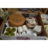 BOX CONTAINING QUANTITY OF CERAMIC TILES, PART TEA SET, WOODEN BOX CONTAINING CHINA PLATES ETC