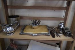 GROUP OF PLATED WARES INCLUDING MILK JUG, CONDIMENTS, AND SOME FLATWARE