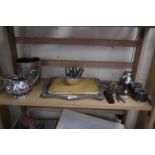 GROUP OF PLATED WARES INCLUDING MILK JUG, CONDIMENTS, AND SOME FLATWARE