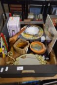 BOX CONTAINING MISCELLANEOUS ITEMS INCLUDING WOODEN MODELS OF BIRDS, PLATES IN THE FOUR SEASONS