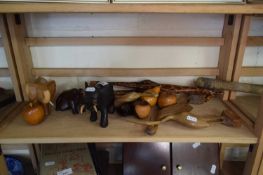 GROUP OF CARVED WOODEN ANIMALS, HERONS, GIRAFFE, ELEPHANTS ETC