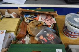 BOX CONTAINING QUANTITY OF WOODEN ITEMS, PAIR OF DOLLS, EPHEMERA, MAPS ETC