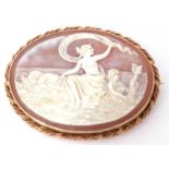 Carved shell cameo brooch of oval shape depicting Amphitrite riding on dolphins, the story of