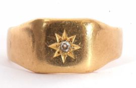 18ct gold and diamond set signet ring, the square plain polished panel centring a small single cut