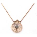 9ct stamped open work pendant/necklace centrally set with four white stones around a tiny seed