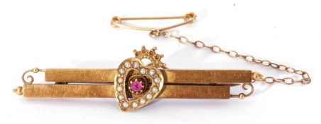 Antique 15ct gold heart shaped ruby and seed pearl brooch, the offset heart applied to twin plain