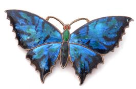 Early 20th century silver and enamel butterfly brooch, the outstretched wings decorated with blue,
