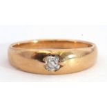 Single stone diamond ring featuring an old cut diamond in an engraved setting, plain polished band