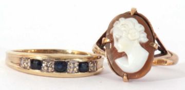 Mixed Lot: modern 9ct gold sapphire and diamond half hoop ring, alternate set with three round cut