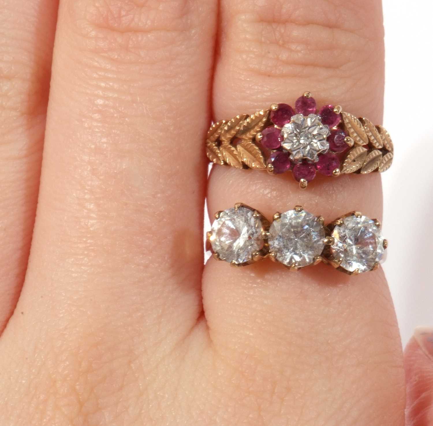 Mixed Lot: 9ct gold, ruby and diamond cluster ring, flower head design centring a small diamond in - Image 8 of 8