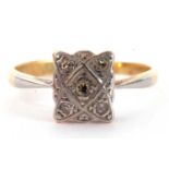 18ct gold and Plat stamped diamond set ring, the Celtic designed shaped rectangular panel 8 x 6mm,