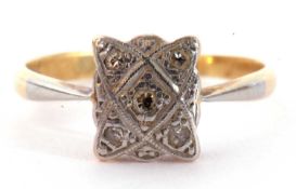 18ct gold and Plat stamped diamond set ring, the Celtic designed shaped rectangular panel 8 x 6mm,