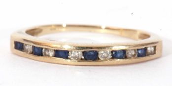 Modern 9ct gold sapphire and diamond half hoop ring, channel set with six small round sapphires