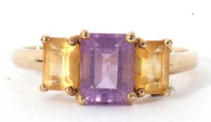 Modern 9ct gold amethyst and citrine three stone ring, stamped QVC, size T/U