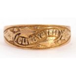 Victorian gents 18ct gold ring, the top section foliate engraved and chased with the words 'I