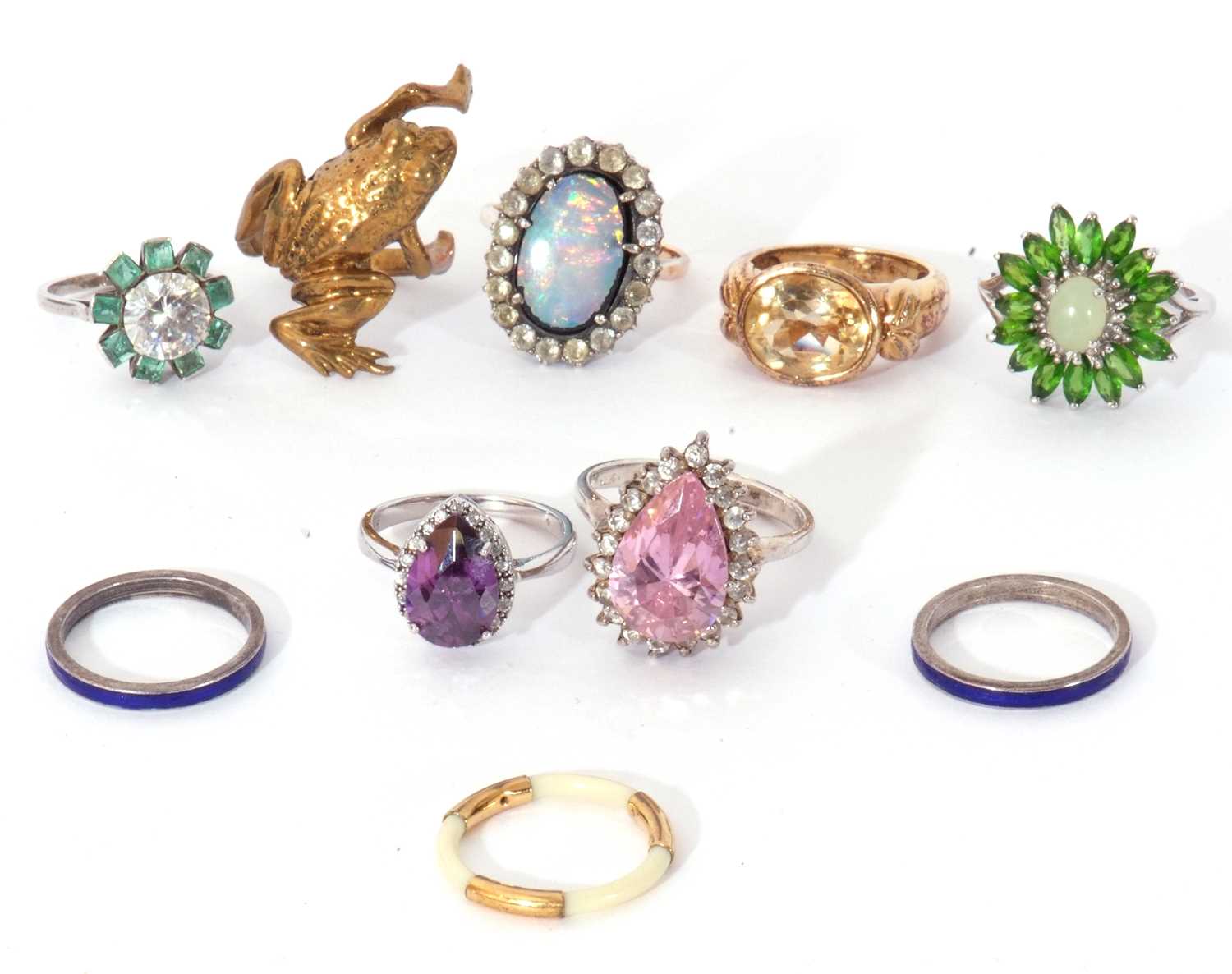 Mixed Lot: three 925 and stone set rings, a gilt metal frog ring, an opal doublet and paste ring, an