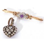 Mixed Lot: 9ct gold amethyst and small diamond set brooch, 5cm long, together with a vintage gilt