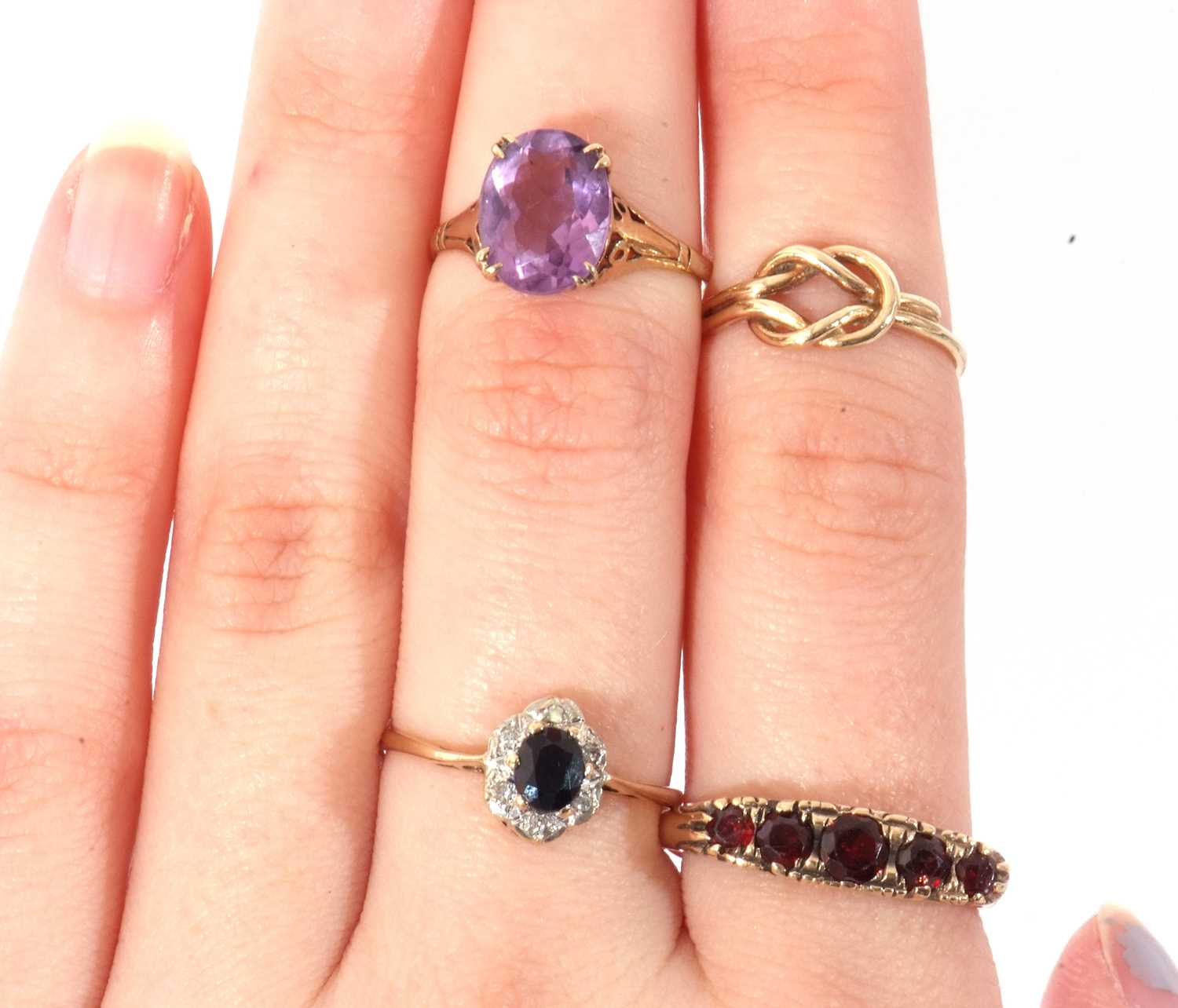 Mixed Lot: yellow metal and five stone graduated garnet ring, a 9ct gold purple stone ring, a 9ct - Image 14 of 14