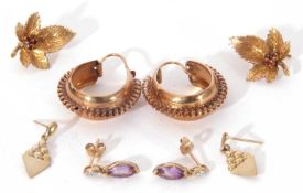 Mixed Lot: pair of large 9ct gold half hoop earrings, a pair of 9ct gold leaf design earrings with