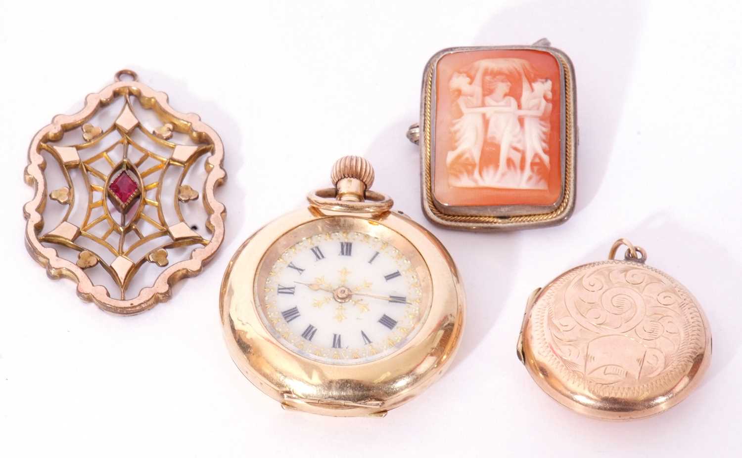 Mixed Lot: vintage round gold plated hinged locket, a white metal framed (800) cameo brooch, The