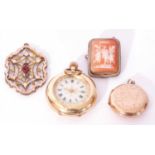 Mixed Lot: vintage round gold plated hinged locket, a white metal framed (800) cameo brooch, The