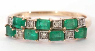 Modern 9ct gold synthetic emerald and small diamond ring, a chequerboard design featuring seven