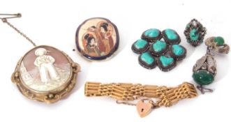 Mixed Lot : a cameo brooch, a Satsuma inset brooch, gold plated gate bracelet etc