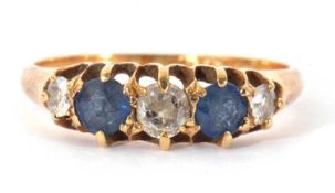 Sapphire and diamond ring, alternate set with two round cut sapphires and three graduated small